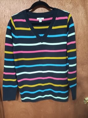 croft & barrow Navy V-Neck Sweater with Pink, Blue, Mint & Mustard Stripes
